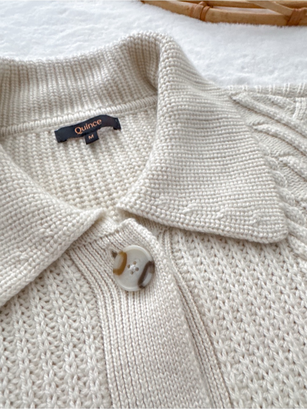 Quince Australian Merino Wool Women's Collared Cable Cardigan Heather Bone Cream - Picture 9 of 13